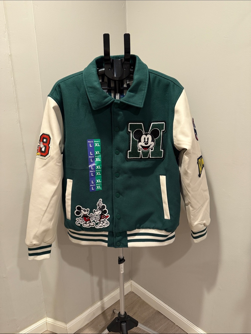 Disney Green and Cream Mickey Varsity Jacket fits men large and women X-large